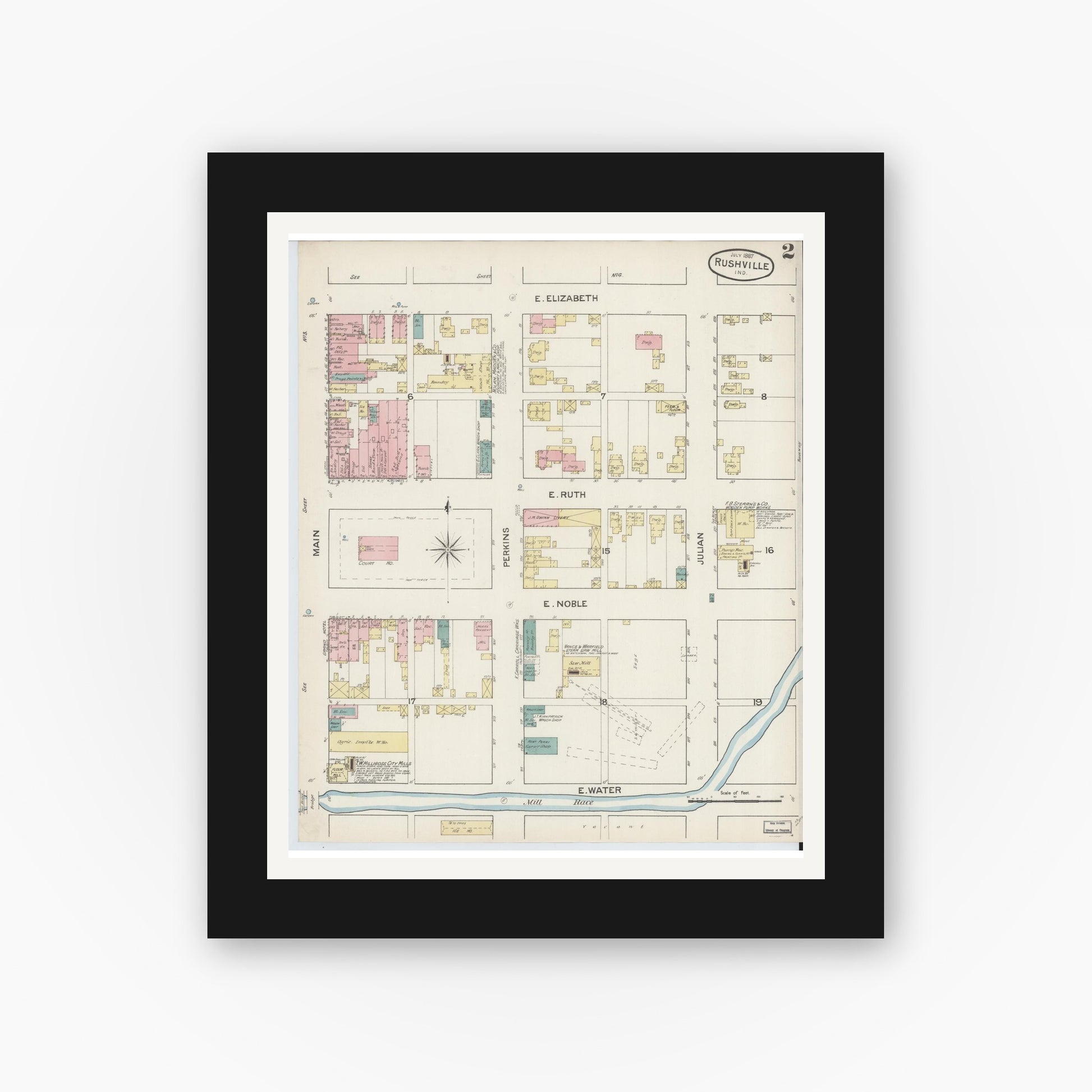Old map wall art mockup — black gallery frame with white mat — Sanborn Fire Insurance Map from Rushville, Rush County, Indiana (1887), Sheet #0002