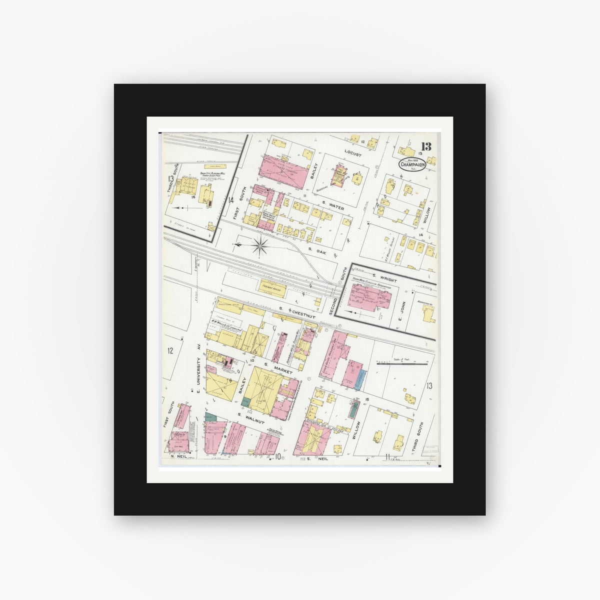 Old map wall art mockup — black gallery frame with white mat — Sanborn Fire Insurance Map from Champaign, Champaign County, Illinois (1909), Sheet #0013