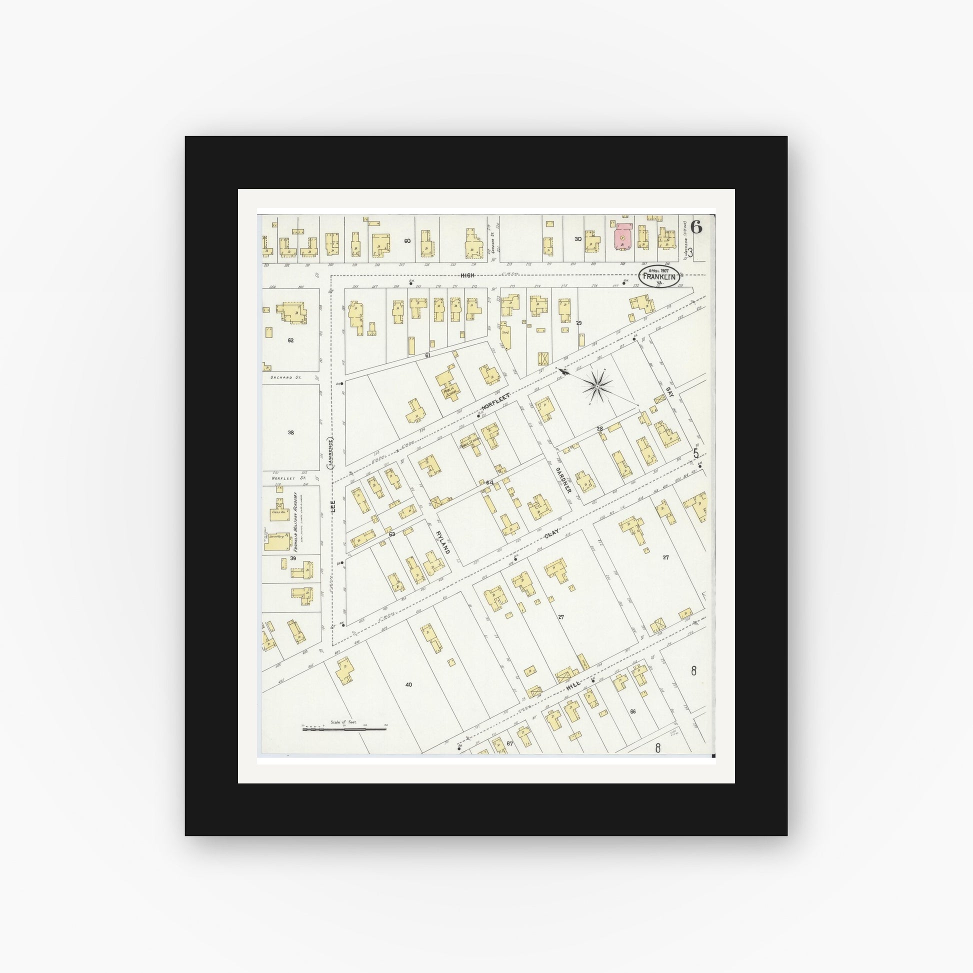 Old map wall art mockup — black gallery frame with white mat — Sanborn Fire Insurance Map from Franklin, Independent Cities, Virginia (1907), Sheet #0006
