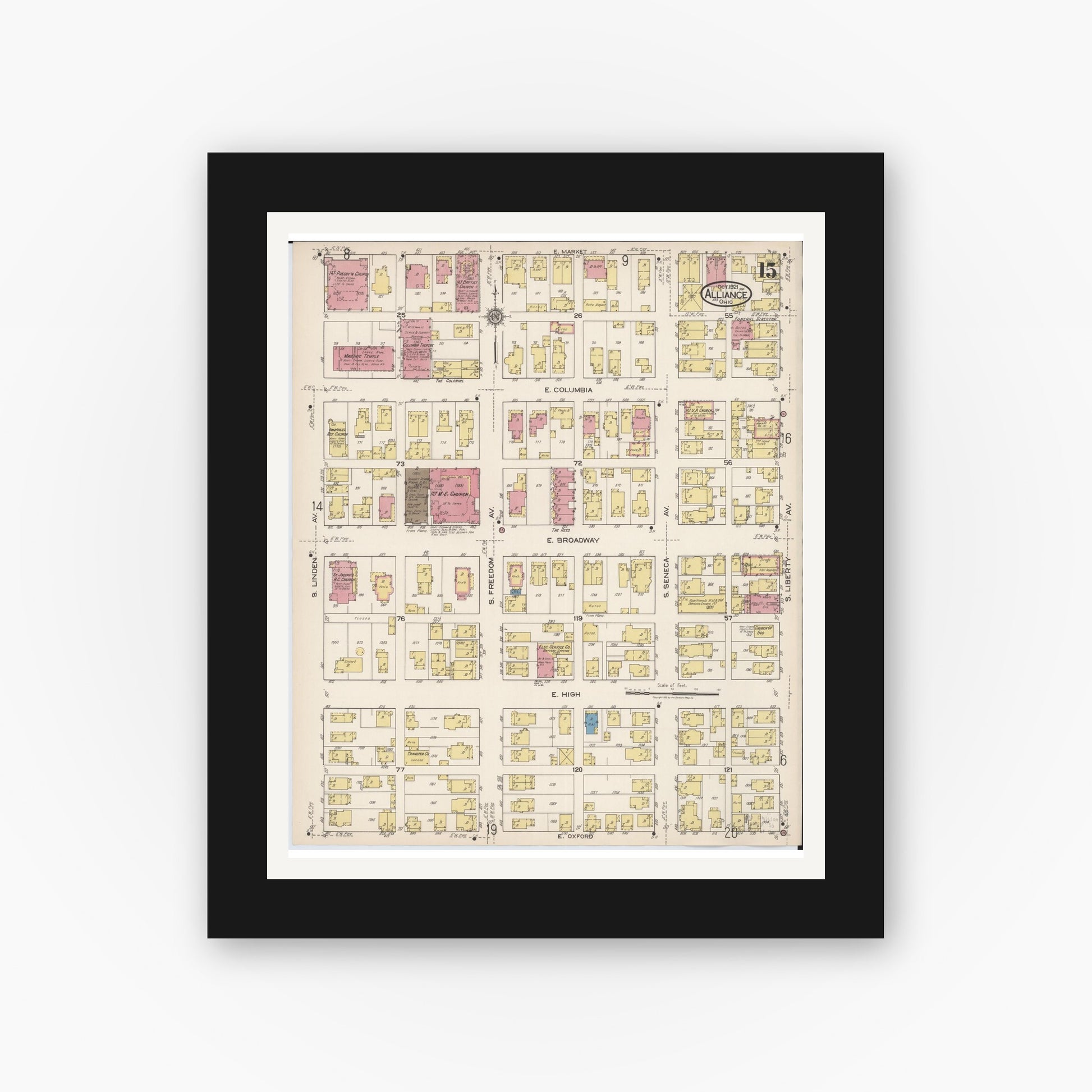 Old map wall art mockup — black gallery frame with white mat — Sanborn Fire Insurance Map from Alliance, Stark County, Ohio (1921), Sheet #0015