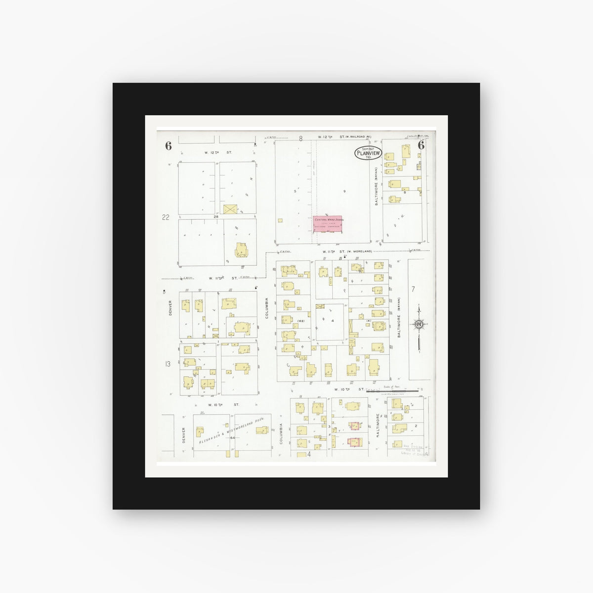 Old map wall art mockup — black gallery frame with white mat — Sanborn Fire Insurance Map from Plainview, Hale County, Texas (1927), Sheet #0006