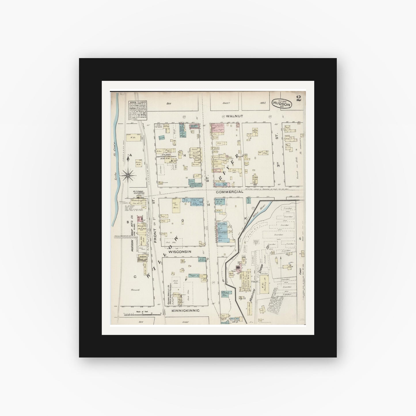 Old map wall art mockup — black gallery frame with white mat — Sanborn Fire Insurance Map from Hudson, St. Croix County, Wisconsin (1884), Sheet #0002