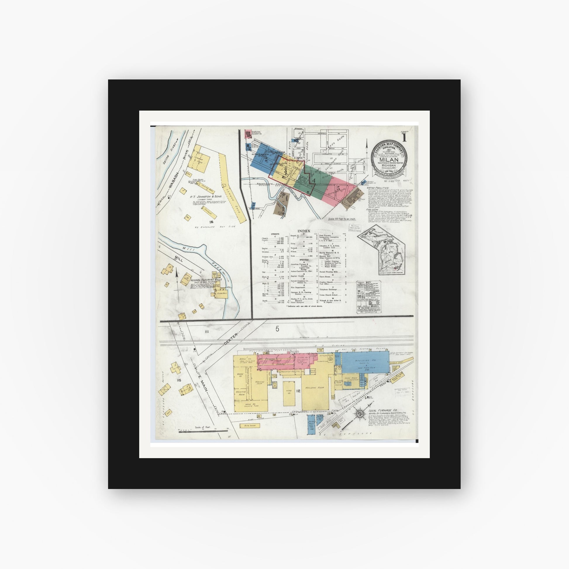 Old map wall art mockup — black gallery frame with white mat — Sanborn Fire Insurance Map from Milan, Washtenaw And Monroe Counties, Michigan (1922) - Complete Map Set