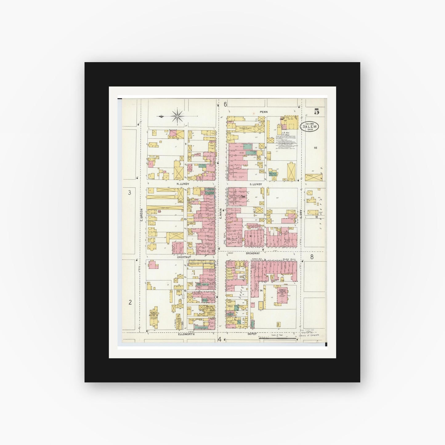 Old map wall art mockup — black gallery frame with white mat — Sanborn Fire Insurance Map from Salem, Columbiana County, Ohio (1903), Sheet #0005