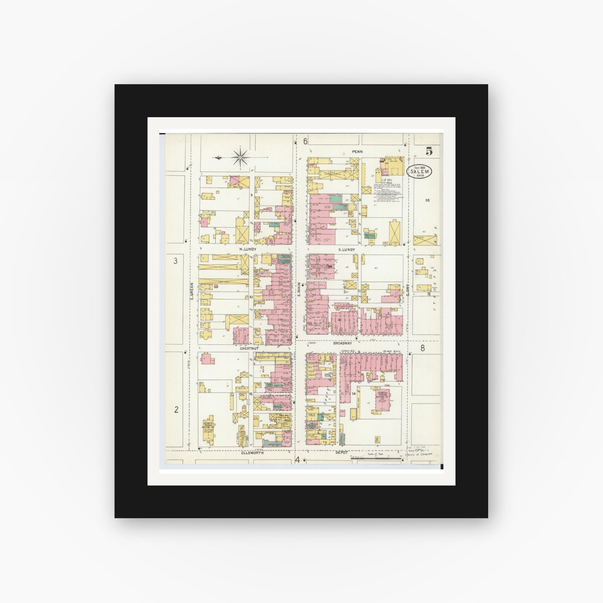 Old map wall art mockup — black gallery frame with white mat — Sanborn Fire Insurance Map from Salem, Columbiana County, Ohio (1903), Sheet #0005