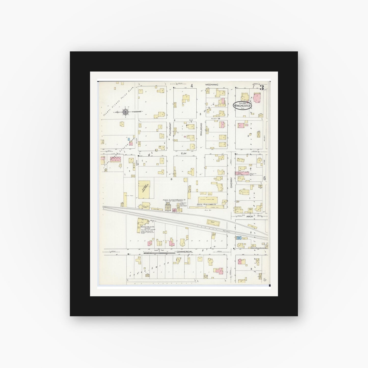 Old map wall art mockup — black gallery frame with white mat — Sanborn Fire Insurance Map from Winchester, Scott County, Illinois (1914), Sheet #0003