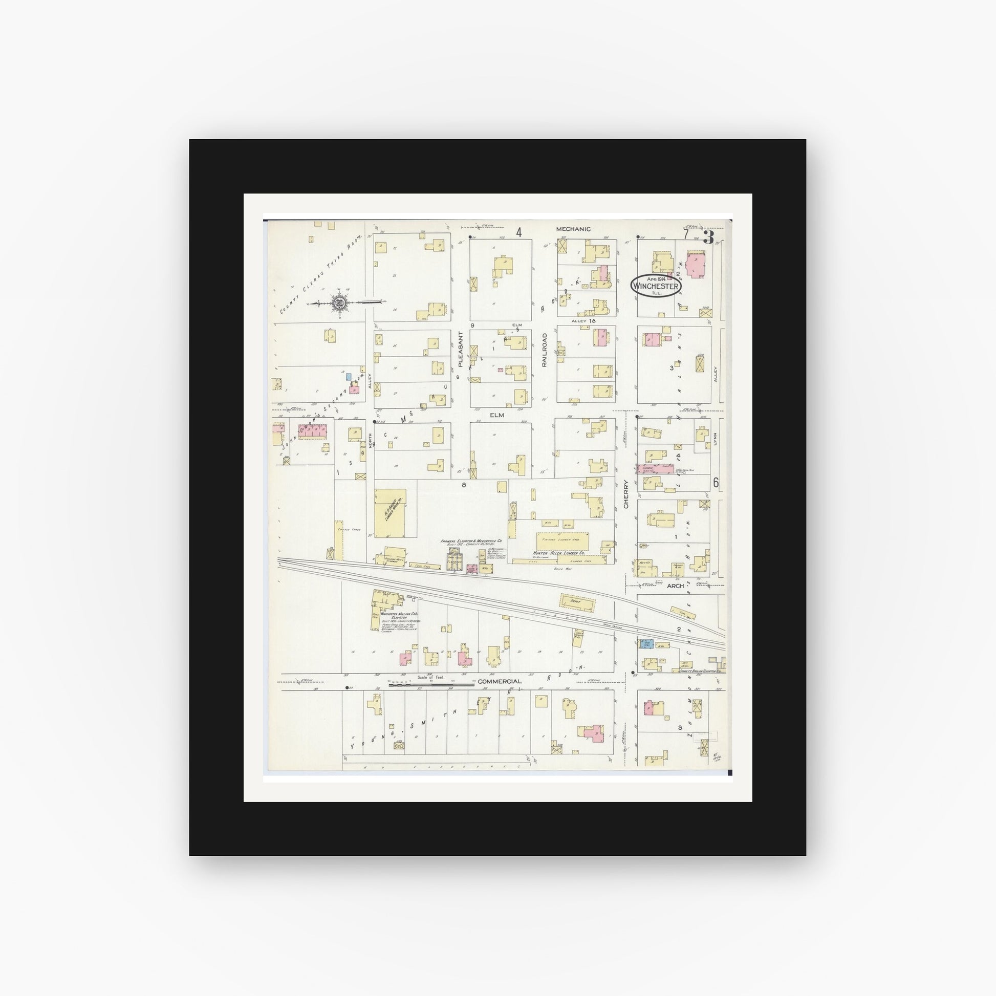 Old map wall art mockup — black gallery frame with white mat — Sanborn Fire Insurance Map from Winchester, Scott County, Illinois (1914), Sheet #0003