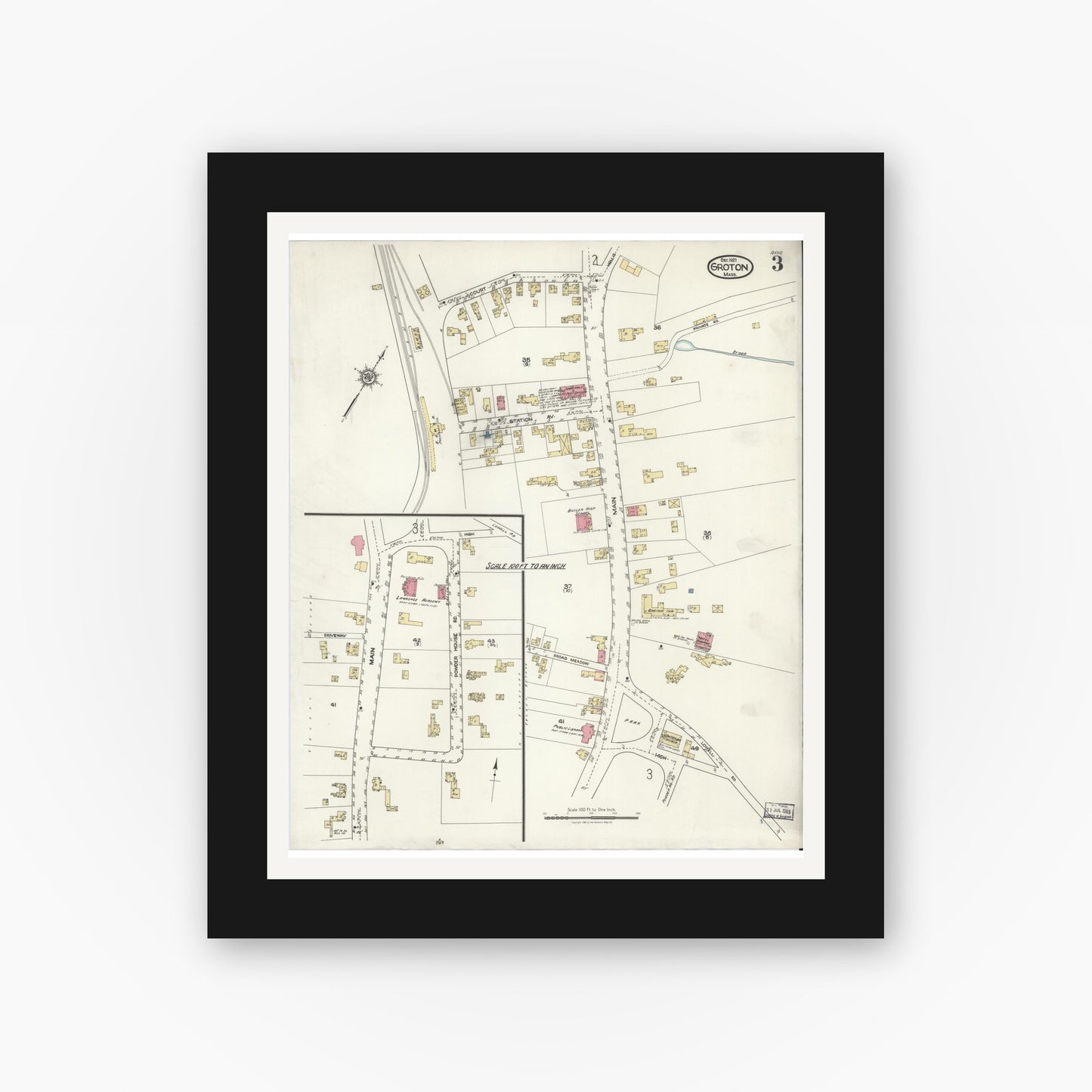 Old map wall art mockup — black gallery frame with white mat — Sanborn Fire Insurance Map from Groton, Middlesex County, Massachusetts (1921), Sheet #0003