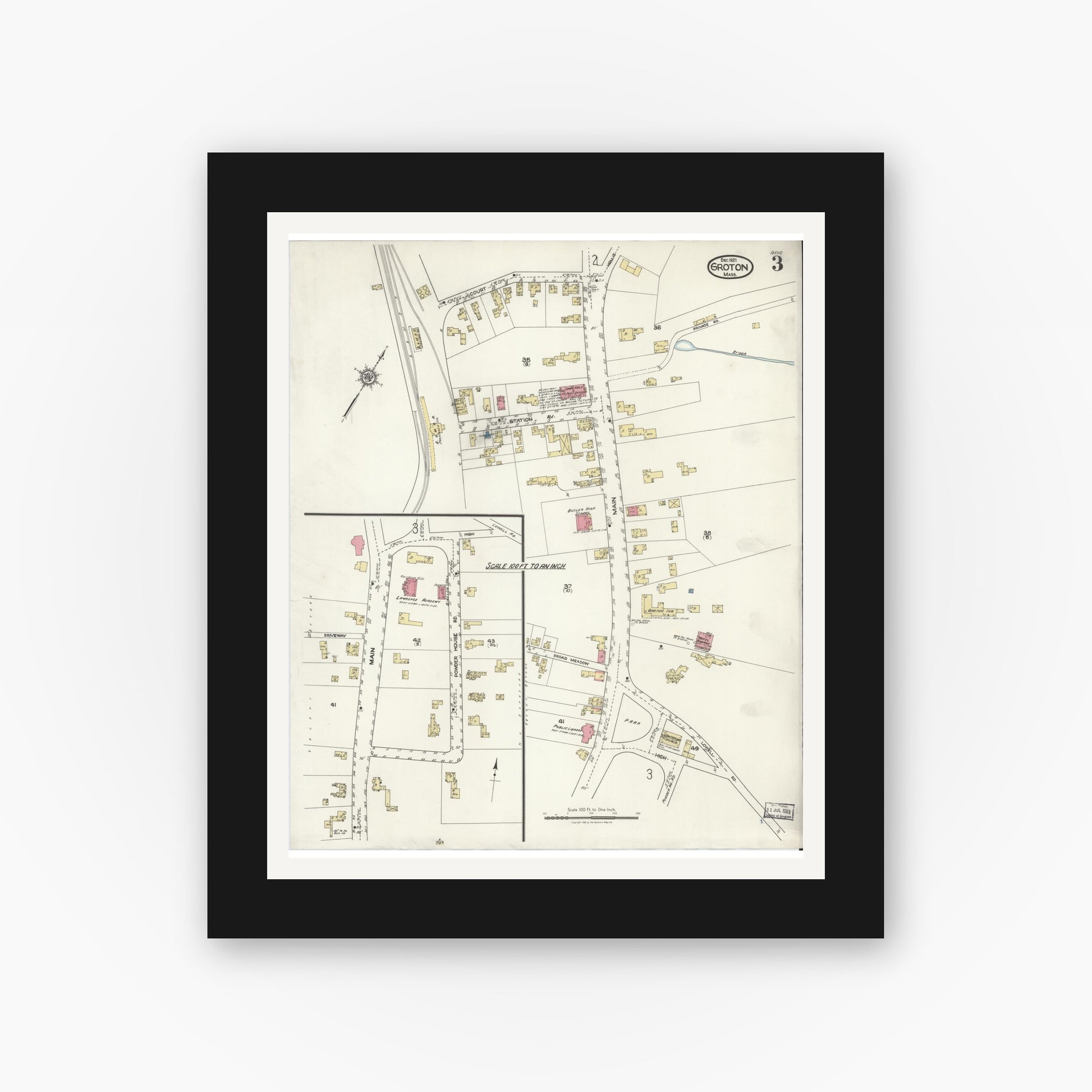Old map wall art mockup — black gallery frame with white mat — Sanborn Fire Insurance Map from Groton, Middlesex County, Massachusetts (1921), Sheet #0003