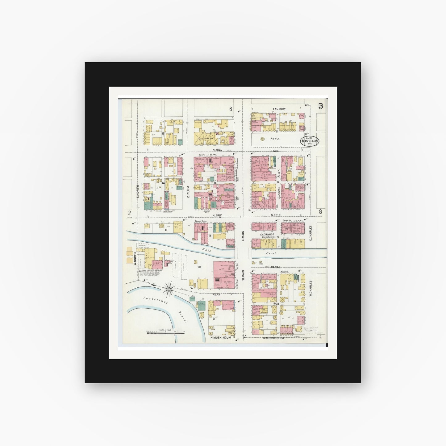Old map wall art mockup — black gallery frame with white mat — Sanborn Fire Insurance Map from Massillon, Stark County, Ohio (1901), Sheet #0005