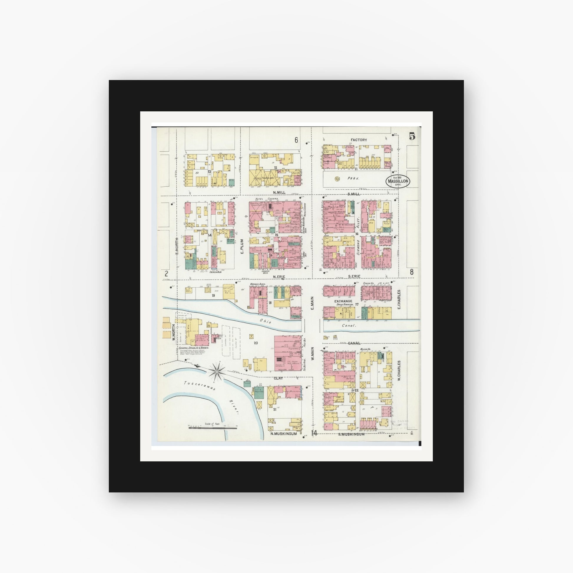 Old map wall art mockup — black gallery frame with white mat — Sanborn Fire Insurance Map from Massillon, Stark County, Ohio (1901), Sheet #0005
