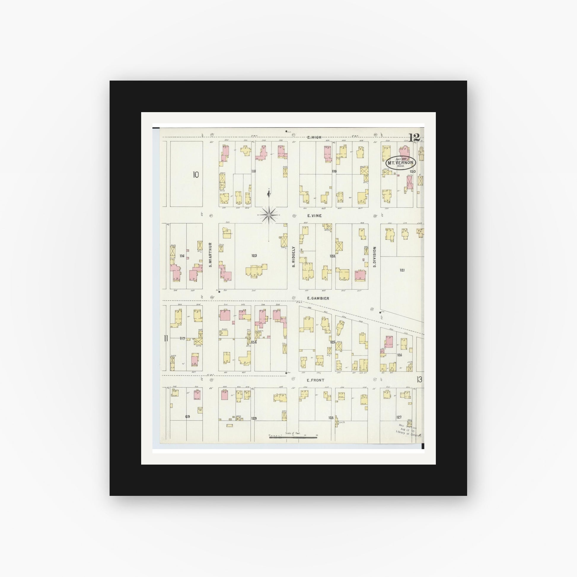 Old map wall art mockup — black gallery frame with white mat — Sanborn Fire Insurance Map from Mount Vernon, Knox County, Ohio (1897), Sheet #0012