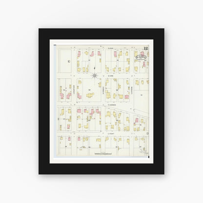 Old map wall art mockup — black gallery frame with white mat — Sanborn Fire Insurance Map from Mount Vernon, Knox County, Ohio (1897), Sheet #0012