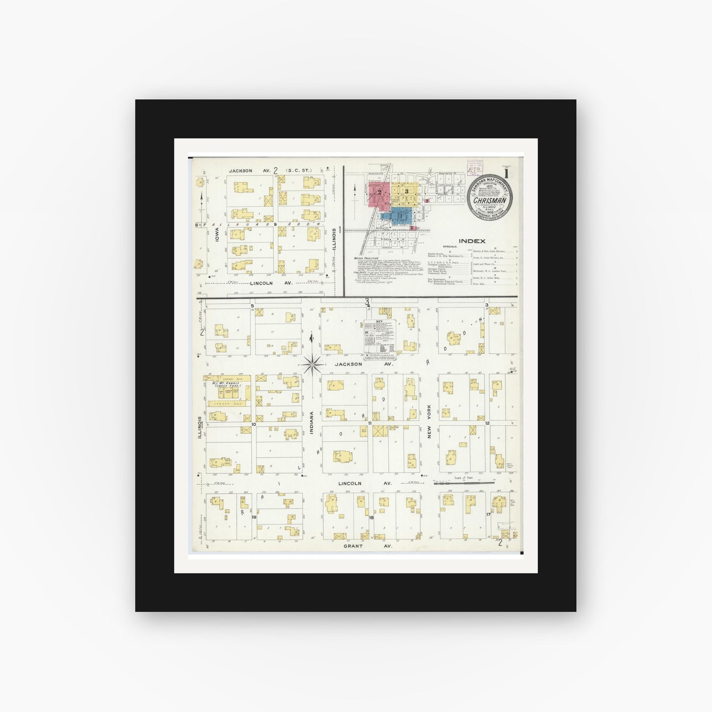 Old map wall art mockup — black gallery frame with white mat — Sanborn Fire Insurance Map from Chrisman, Edgar County, Illinois (1908), Sheet #0001