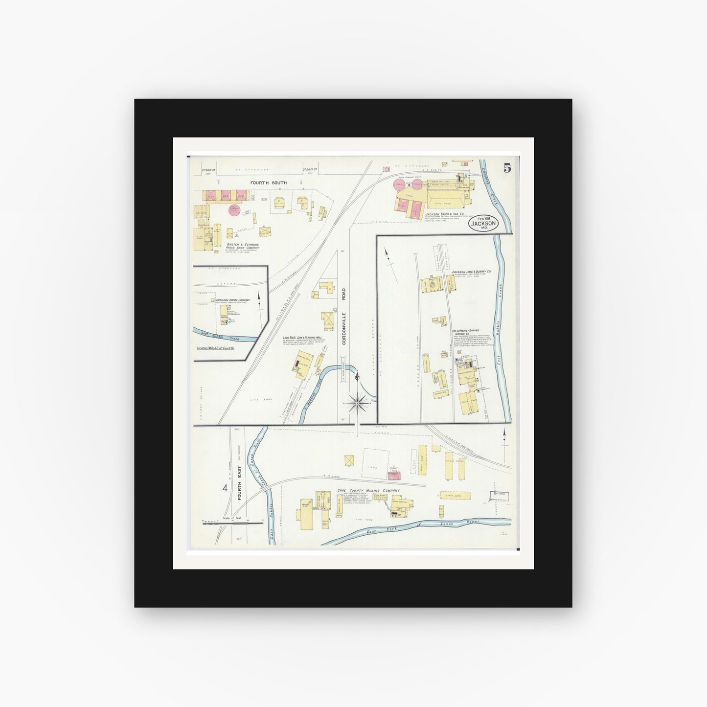 Old map wall art mockup — black gallery frame with white mat — Sanborn Fire Insurance Map from Jackson, Cape Girardeau County, Missouri (1908), Sheet #0005