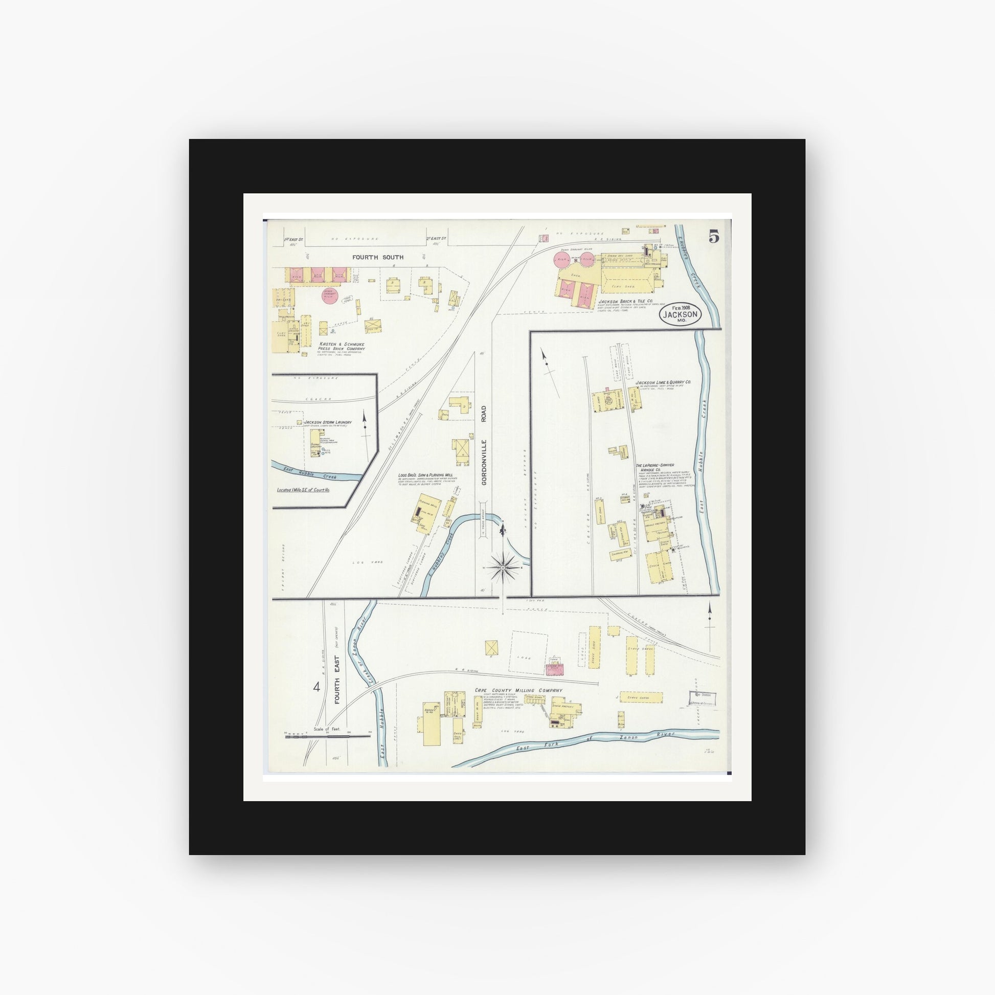 Old map wall art mockup — black gallery frame with white mat — Sanborn Fire Insurance Map from Jackson, Cape Girardeau County, Missouri (1908), Sheet #0005