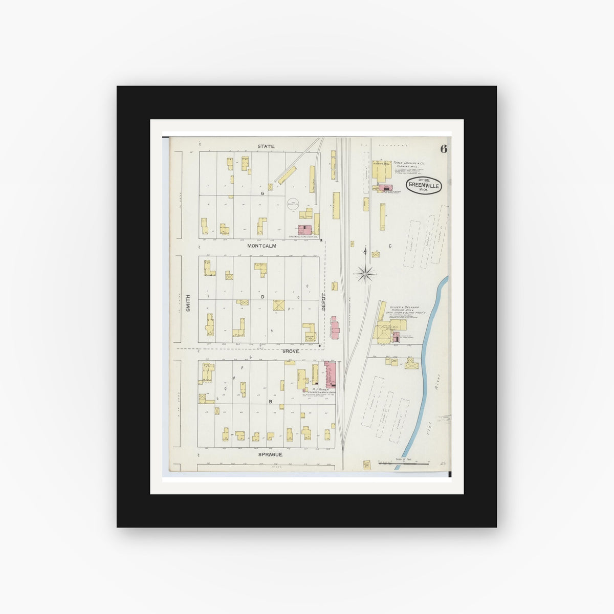 Old map wall art mockup — black gallery frame with white mat — Sanborn Fire Insurance Map from Greenville, Montcalm County, Michigan (1892), Sheet #0006