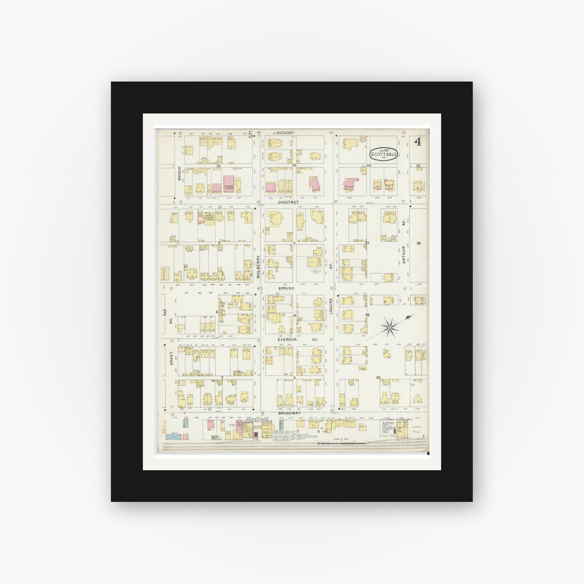 Old map wall art mockup — black gallery frame with white mat — Sanborn Fire Insurance Map from Scottdale, Westmoreland County, Pennsylvania (1897), Sheet #0004