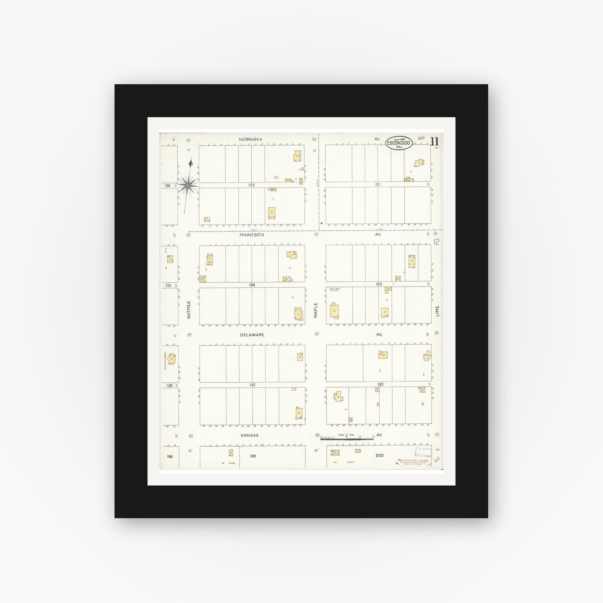 Old map wall art mockup — black gallery frame with white mat — Sanborn Fire Insurance Map from Escondido, San Diego County, California (1907), Sheet #0011