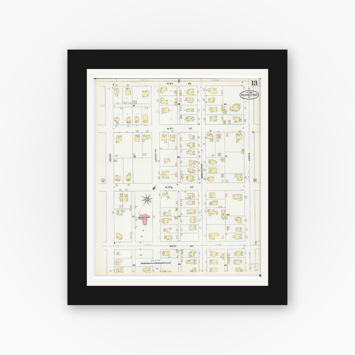 Old map wall art mockup — black gallery frame with white mat — Sanborn Fire Insurance Map from Beardstown, Cass County, Illinois (1906), Sheet #0013