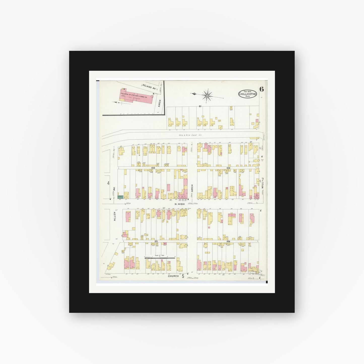 Old map wall art mockup — black gallery frame with white mat — Sanborn Fire Insurance Map from Chillicothe, Ross County, Ohio (1909), Sheet #0006