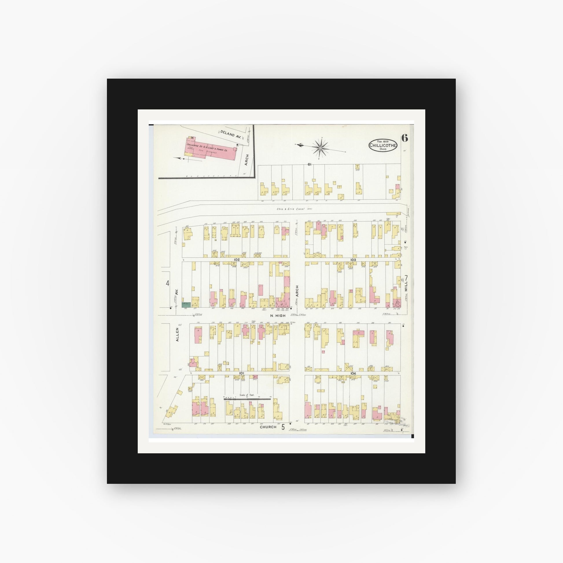Old map wall art mockup — black gallery frame with white mat — Sanborn Fire Insurance Map from Chillicothe, Ross County, Ohio (1909), Sheet #0006