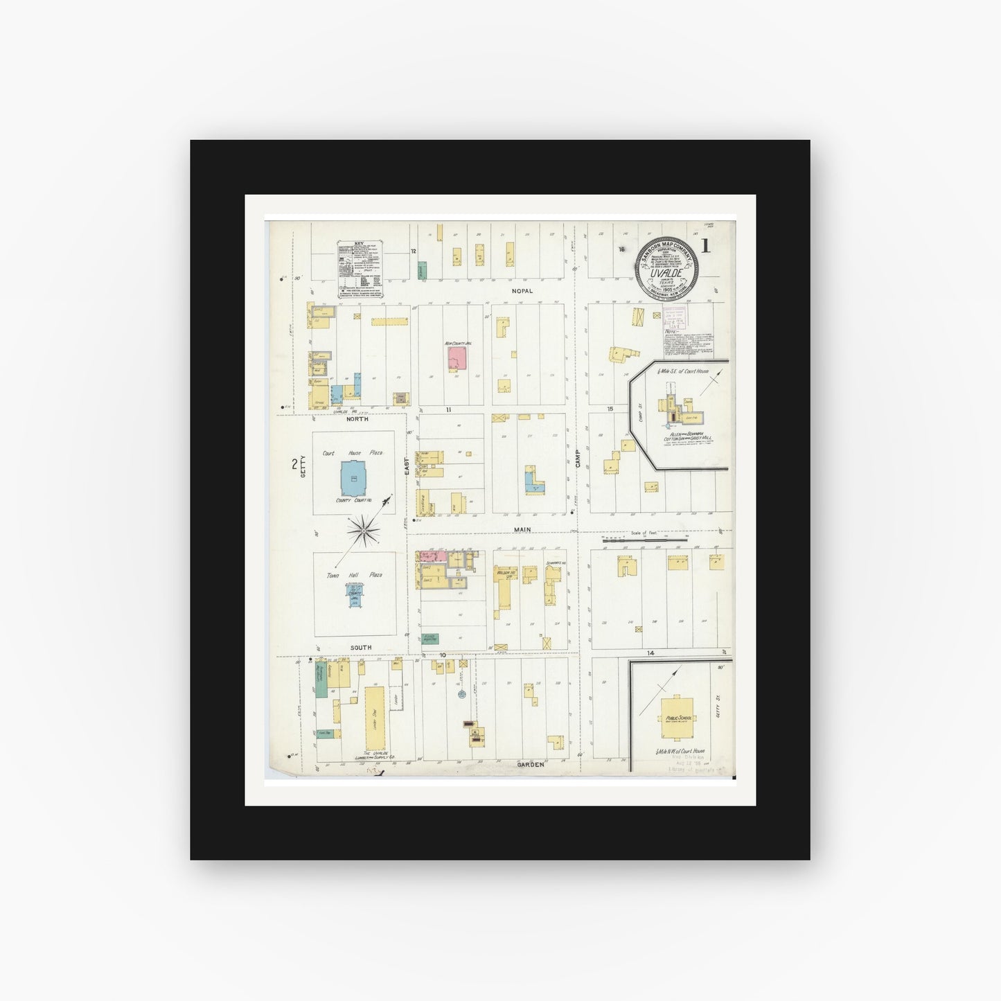 Old map wall art mockup — black gallery frame with white mat — Sanborn Fire Insurance Map from Uvalde, Uvalde County, Texas (1905) - Complete Map Set