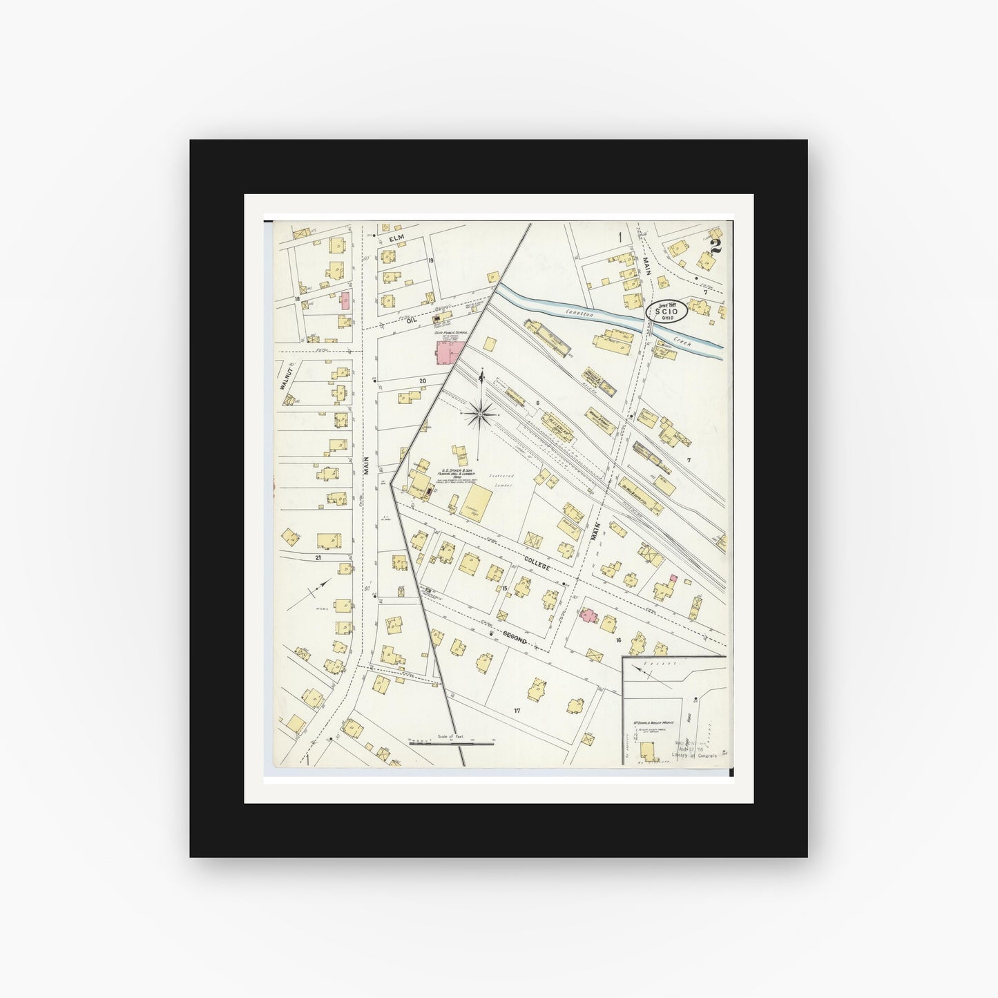 Old map wall art mockup — black gallery frame with white mat — Sanborn Fire Insurance Map from Scio, Harrison County, Ohio (1907), Sheet #0002
