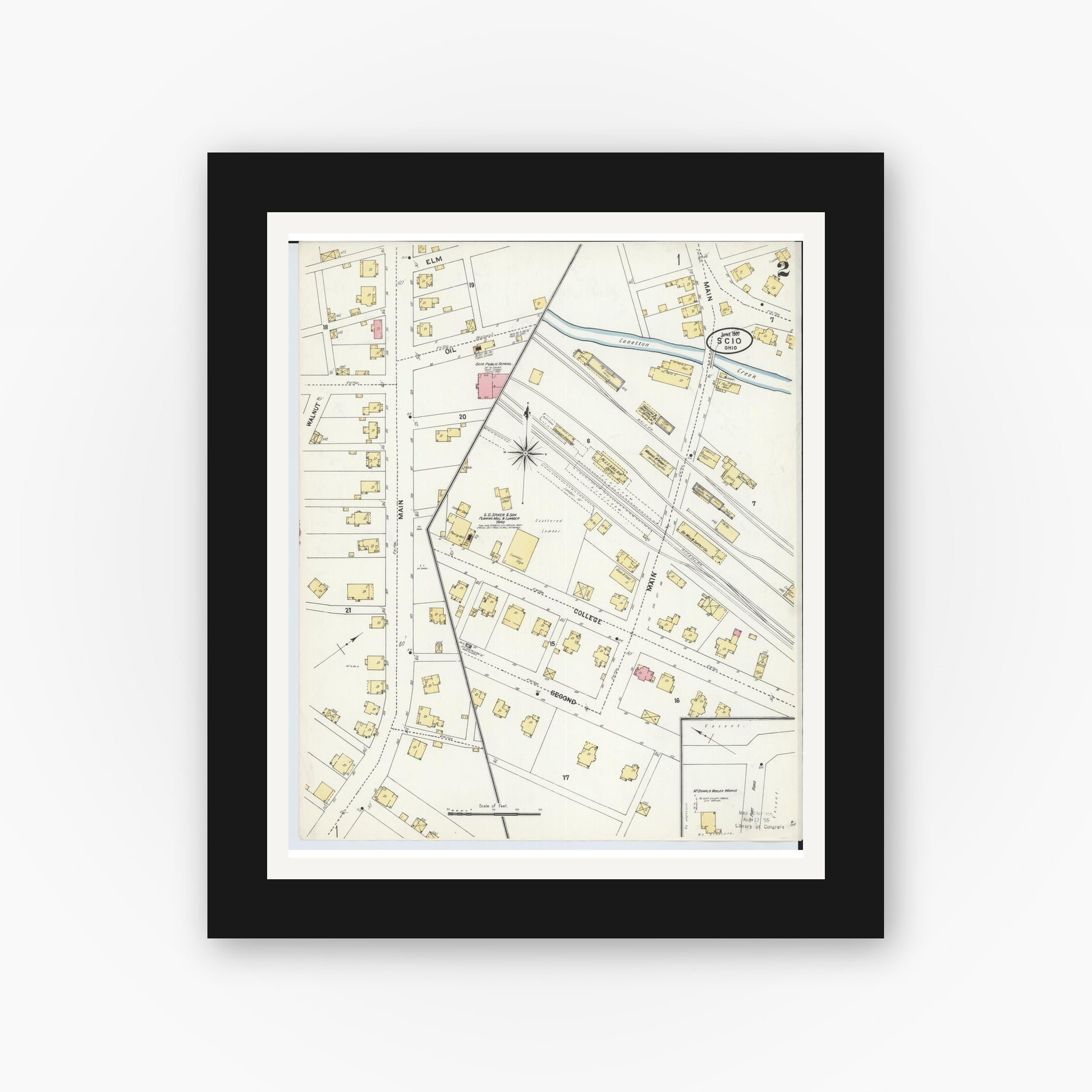 Old map wall art mockup — black gallery frame with white mat — Sanborn Fire Insurance Map from Scio, Harrison County, Ohio (1907), Sheet #0002