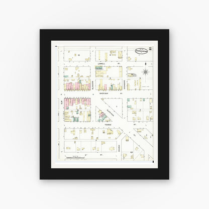 Old map wall art mockup — black gallery frame with white mat — Sanborn Fire Insurance Map from Shenandoah, Page County, Iowa (1891), Sheet #0002