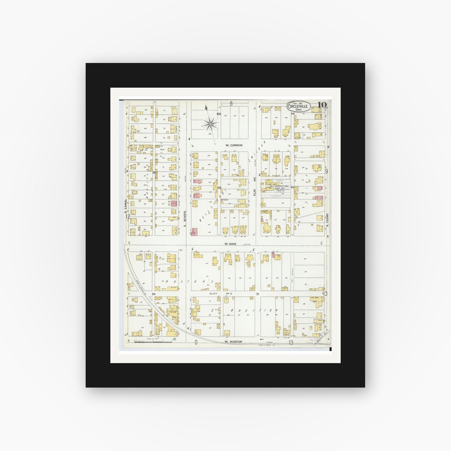 Old map wall art mockup — black gallery frame with white mat — Sanborn Fire Insurance Map from Circleville, Pickaway County, Ohio (1899), Sheet #0010