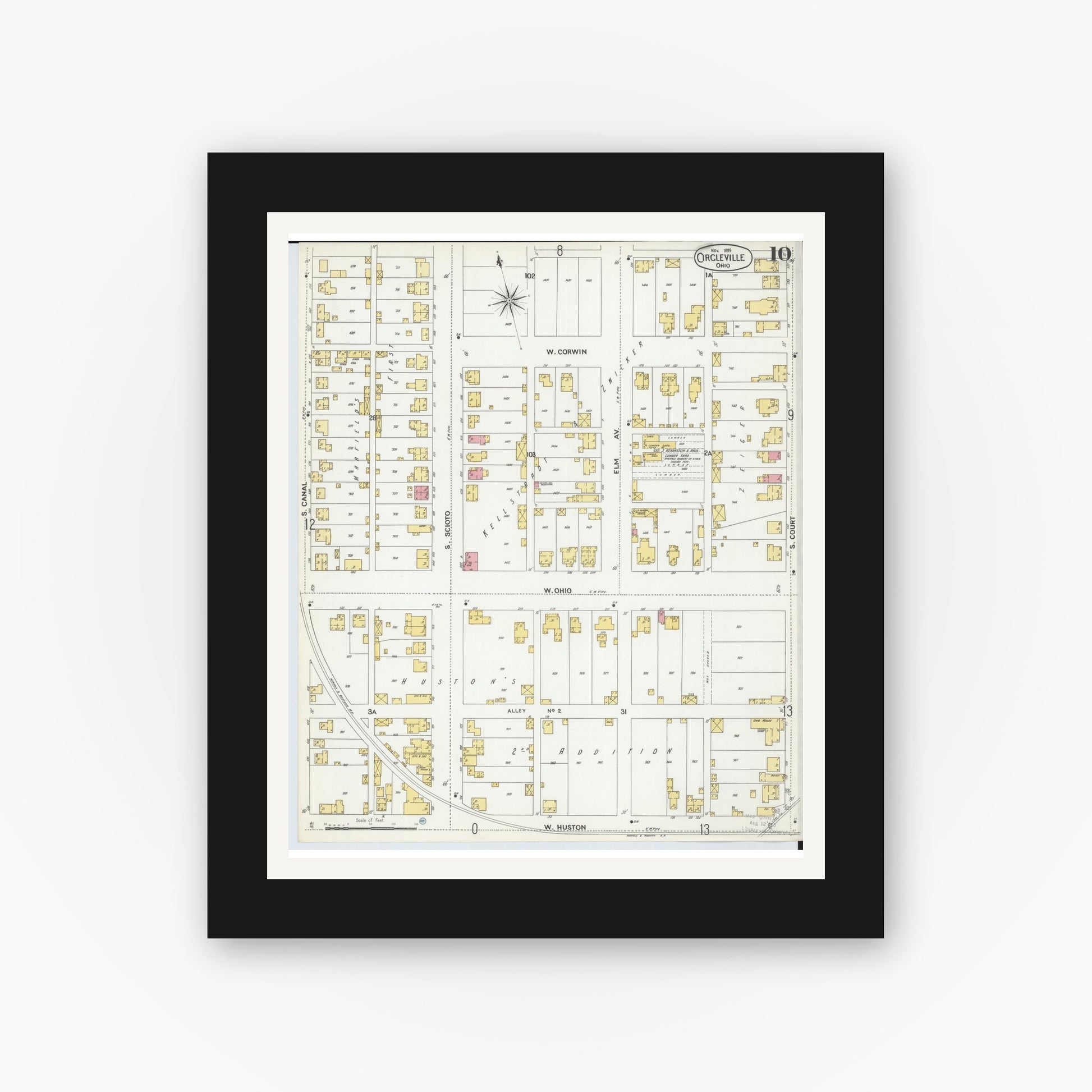 Old map wall art mockup — black gallery frame with white mat — Sanborn Fire Insurance Map from Circleville, Pickaway County, Ohio (1899), Sheet #0010