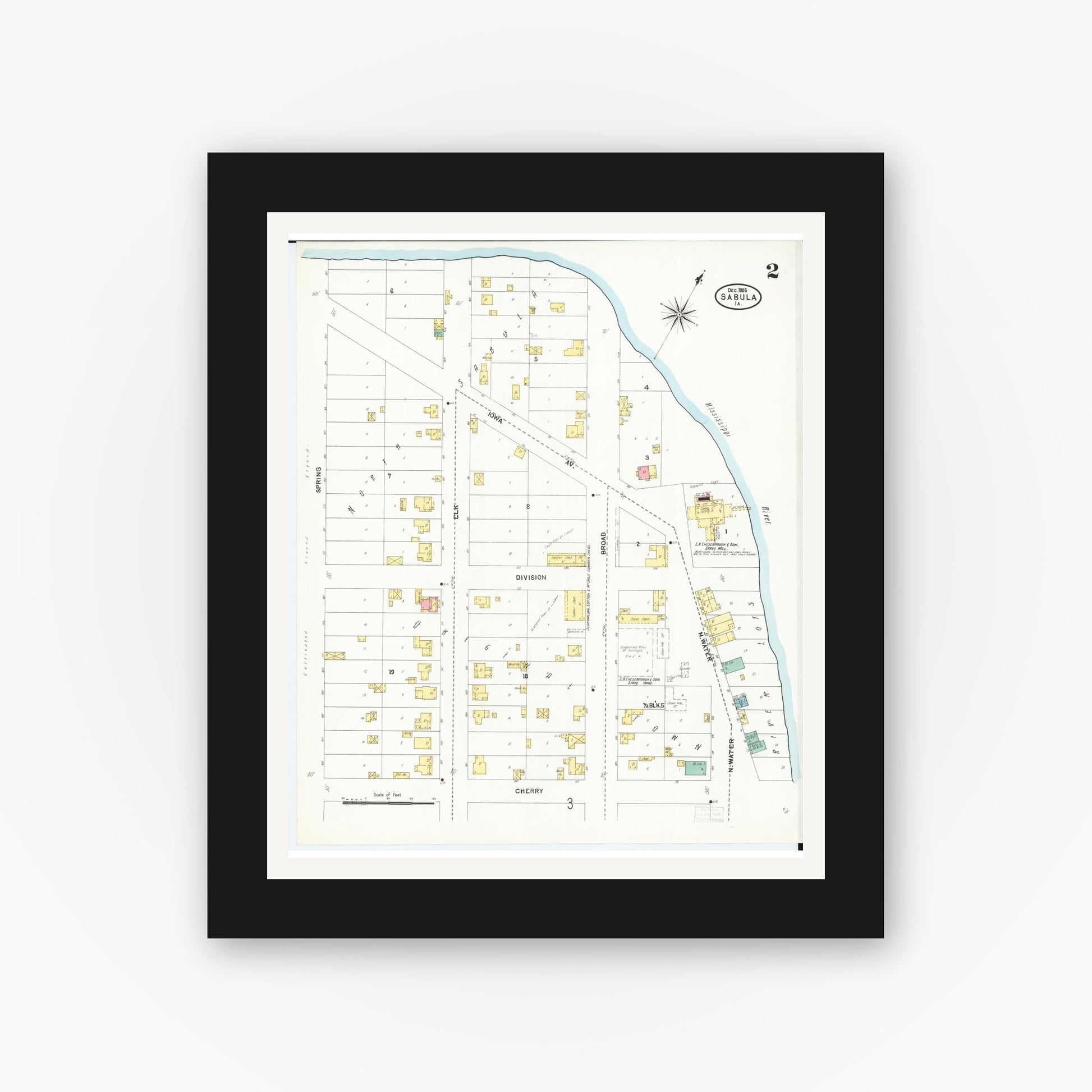 Old map wall art mockup — black gallery frame with white mat — Sanborn Fire Insurance Map from Sabula, Jackson County, Iowa (1905), Sheet #0002