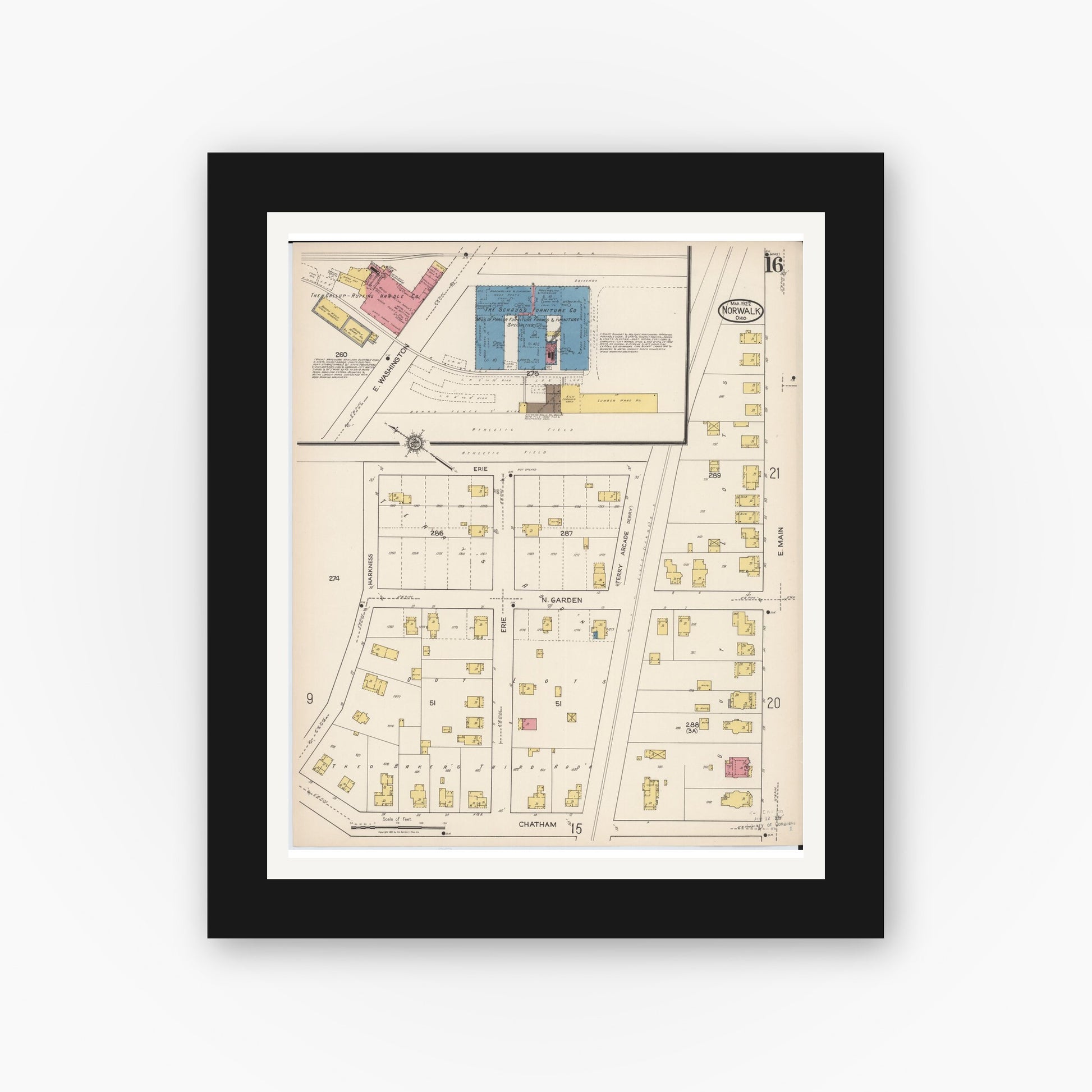 Old map wall art mockup — black gallery frame with white mat — Sanborn Fire Insurance Map from Norwalk, Huron County, Ohio (1922), Sheet #0016