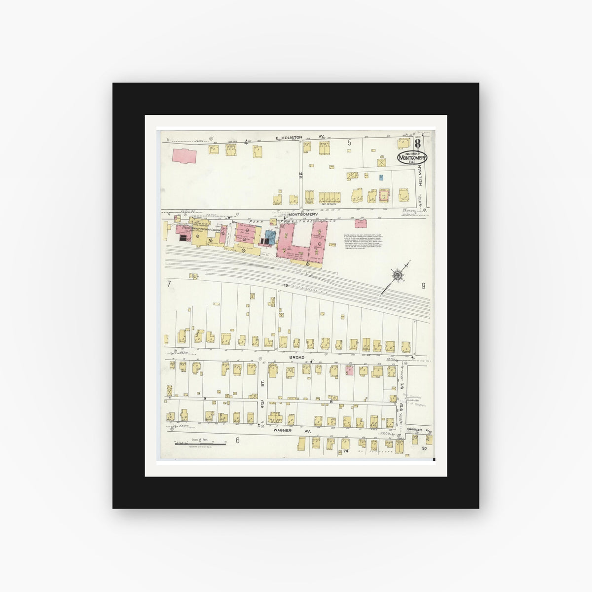 Old map wall art mockup — black gallery frame with white mat — Sanborn Fire Insurance Map from Montgomery, Lycoming County, Pennsylvania (1920), Sheet #0008