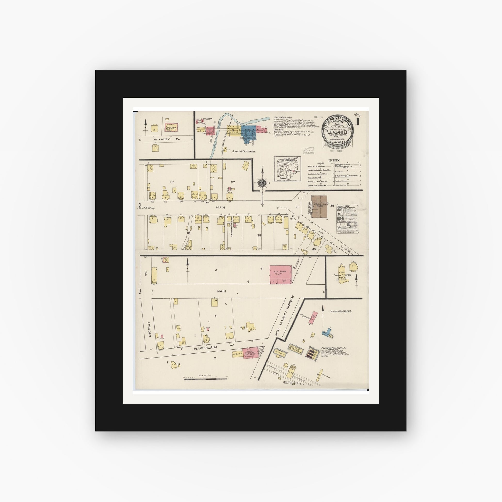Old map wall art mockup — black gallery frame with white mat — Sanborn Fire Insurance Map from Pleasant City, Guernsey County, Ohio (1922) - Complete Map Set