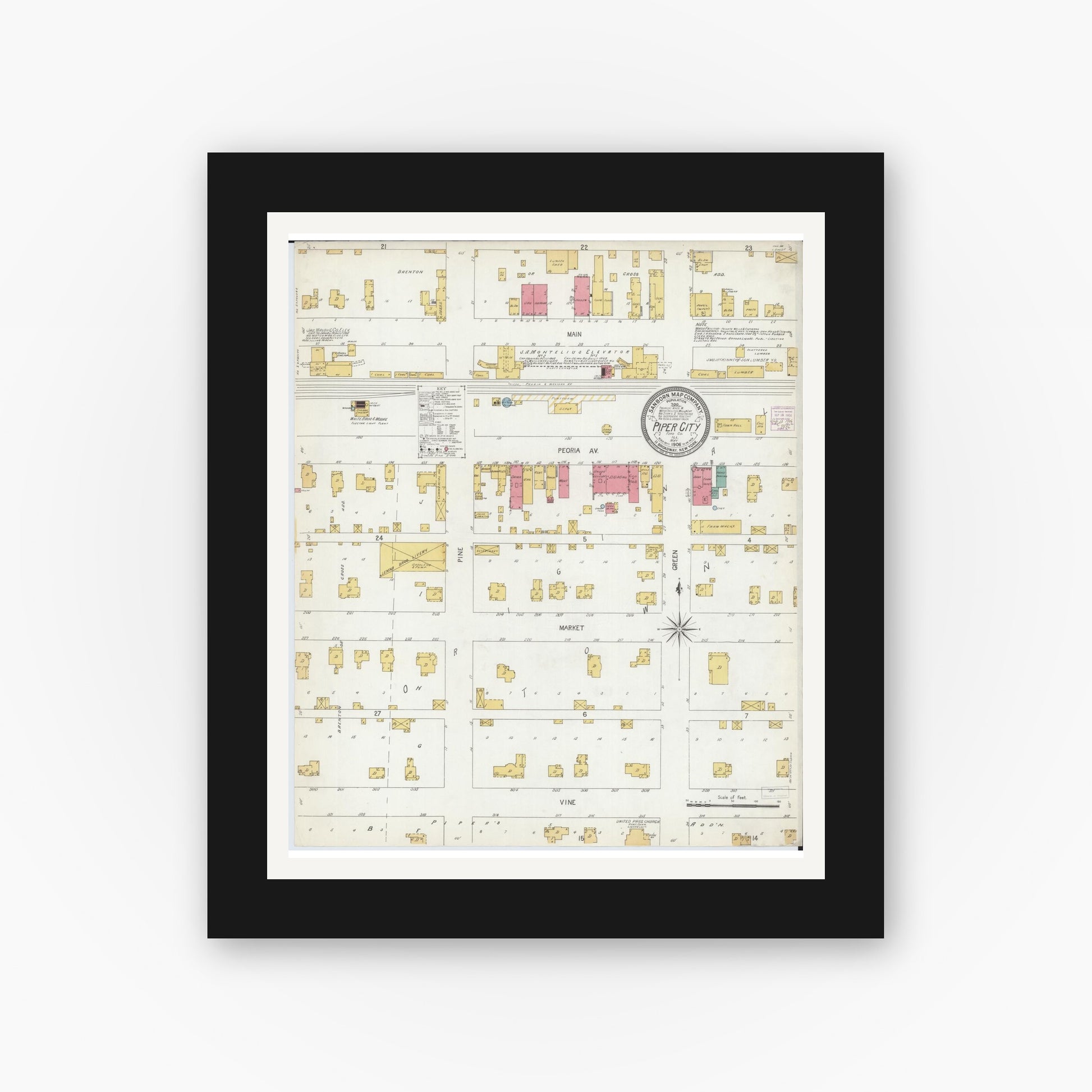 Old map wall art mockup — black gallery frame with white mat — Sanborn Fire Insurance Map from Piper City, Ford County, Illinois (1906), Sheet #0001
