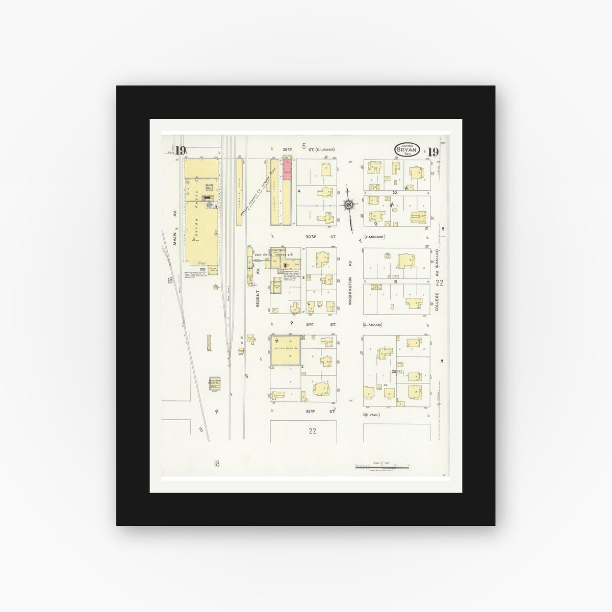 Old map wall art mockup — black gallery frame with white mat — Sanborn Fire Insurance Map from Bryan, Brazos County, Texas (1925), Sheet #0019