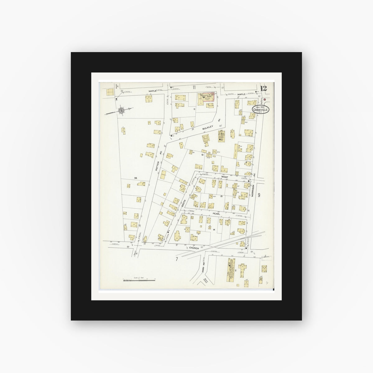Old map wall art mockup — black gallery frame with white mat — Sanborn Fire Insurance Map from Granville, Washington County, New York (1912), Sheet #0012