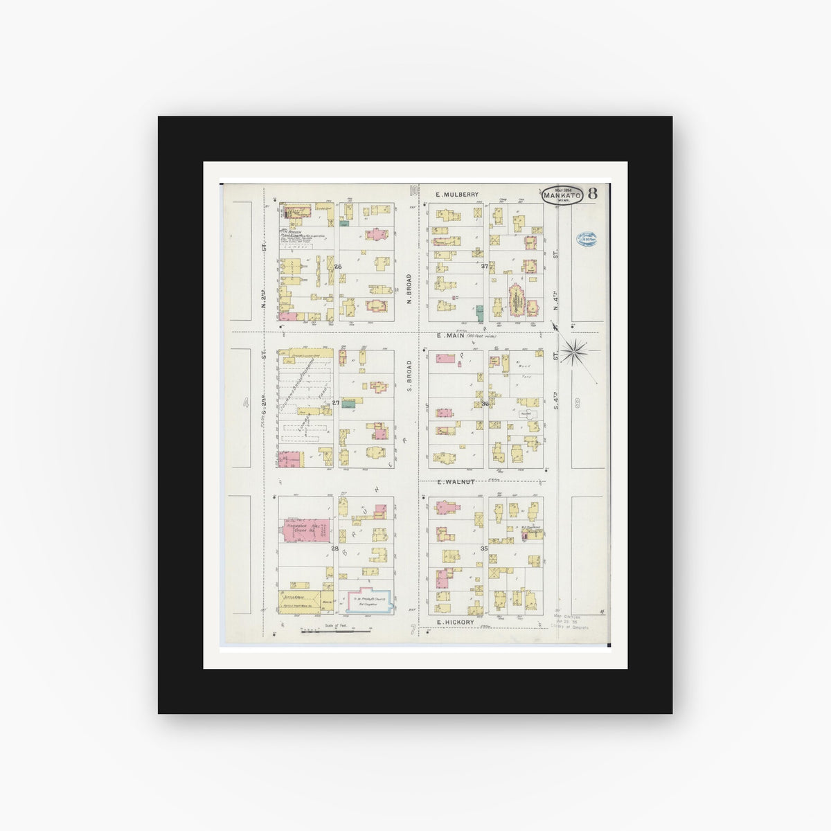 Old map wall art mockup — black gallery frame with white mat — Sanborn Fire Insurance Map from Mankato, Blue Earth County, Minnesota (1894), Sheet #0008