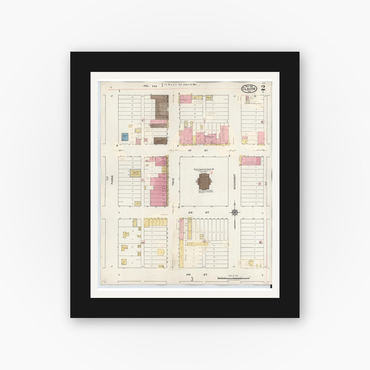 Old map wall art mockup — black gallery frame with white mat — Sanborn Fire Insurance Map from Claude, Armstrong County, Texas (1932), Sheet #0002