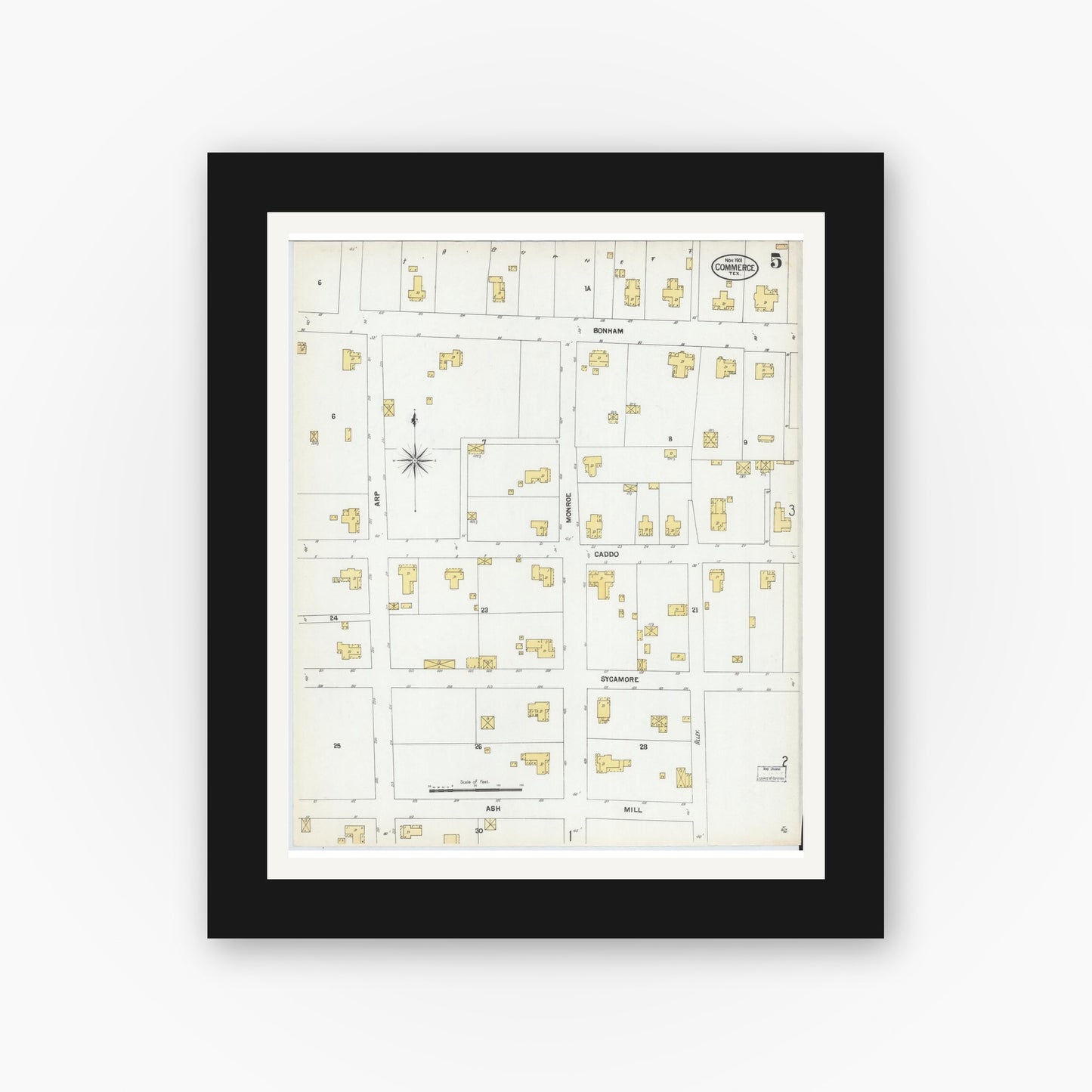 Old map wall art mockup — black gallery frame with white mat — Sanborn Fire Insurance Map from Commerce, Hunt County, Texas (1901), Sheet #0005