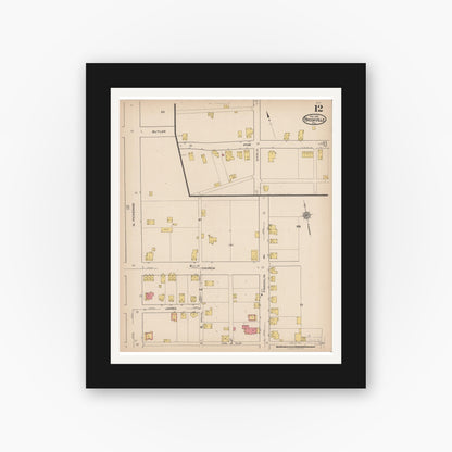 Old map wall art mockup — black gallery frame with white mat — Sanborn Fire Insurance Map from Brookville, Jefferson County, Pennsylvania (1921), Sheet #0012