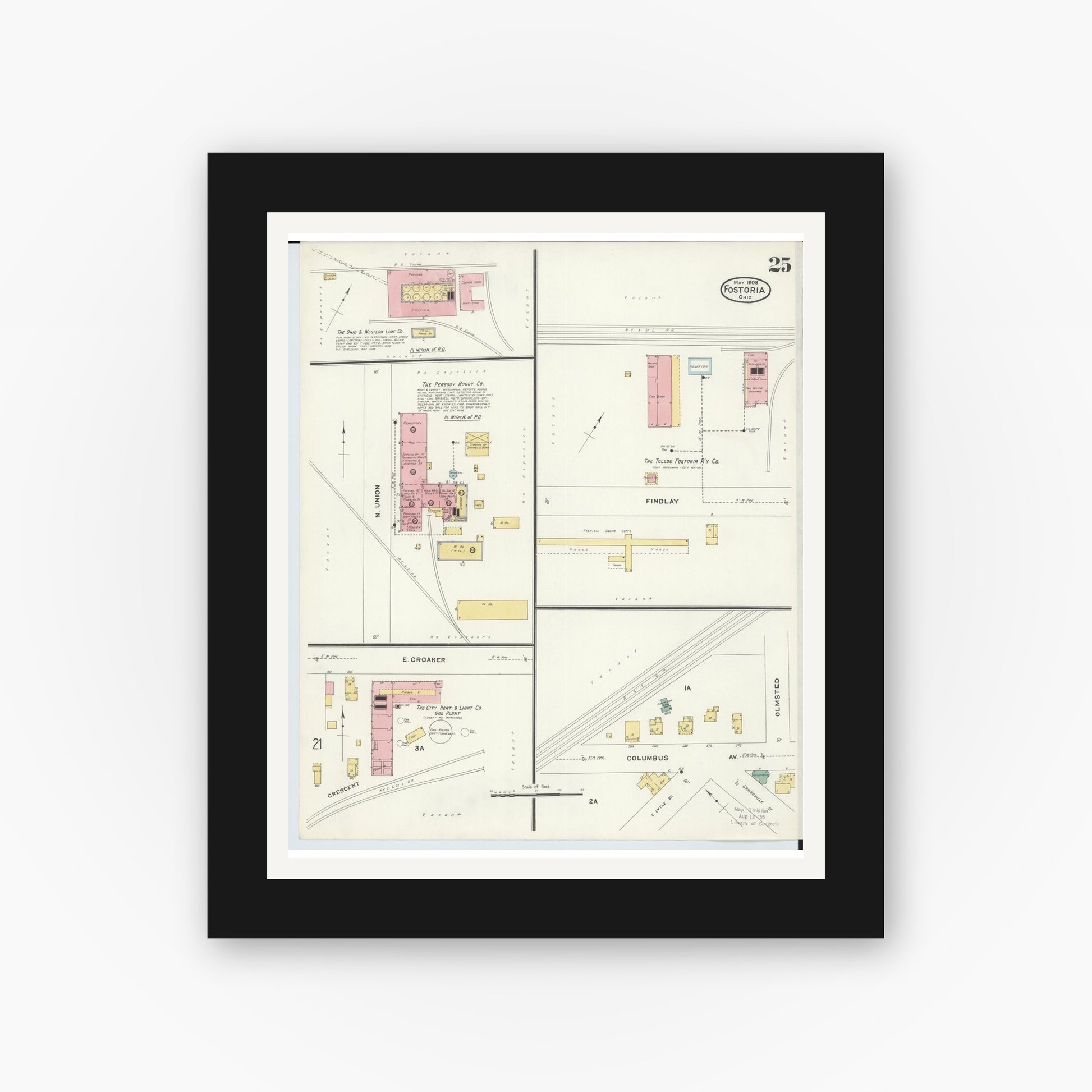 Old map wall art mockup — black gallery frame with white mat — Sanborn Fire Insurance Map from Fostoria, Seneca, Hancock, And Wood Counties, Ohio (1908), Sheet #0025