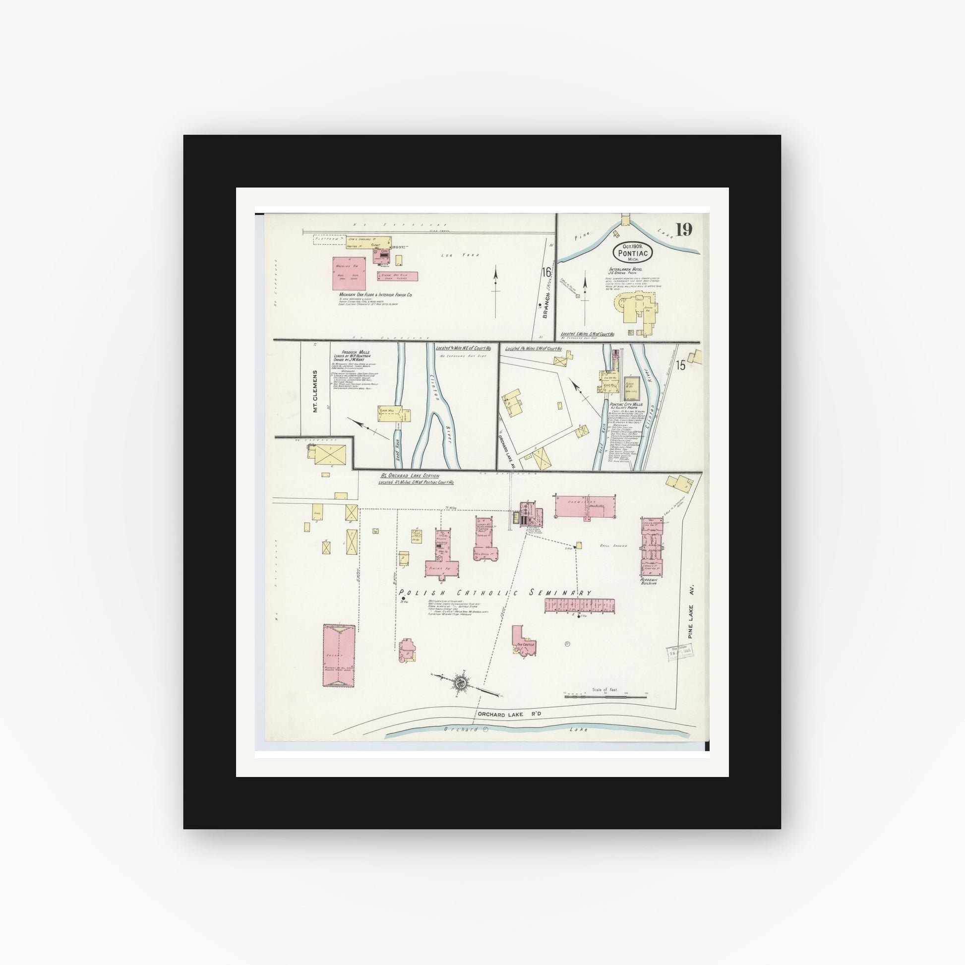 Old map wall art mockup — black gallery frame with white mat — Sanborn Fire Insurance Map from Pontiac, Oakland County, Michigan (1909), Sheet #0019
