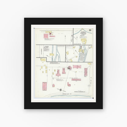 Old map wall art mockup — black gallery frame with white mat — Sanborn Fire Insurance Map from Pontiac, Oakland County, Michigan (1909), Sheet #0019