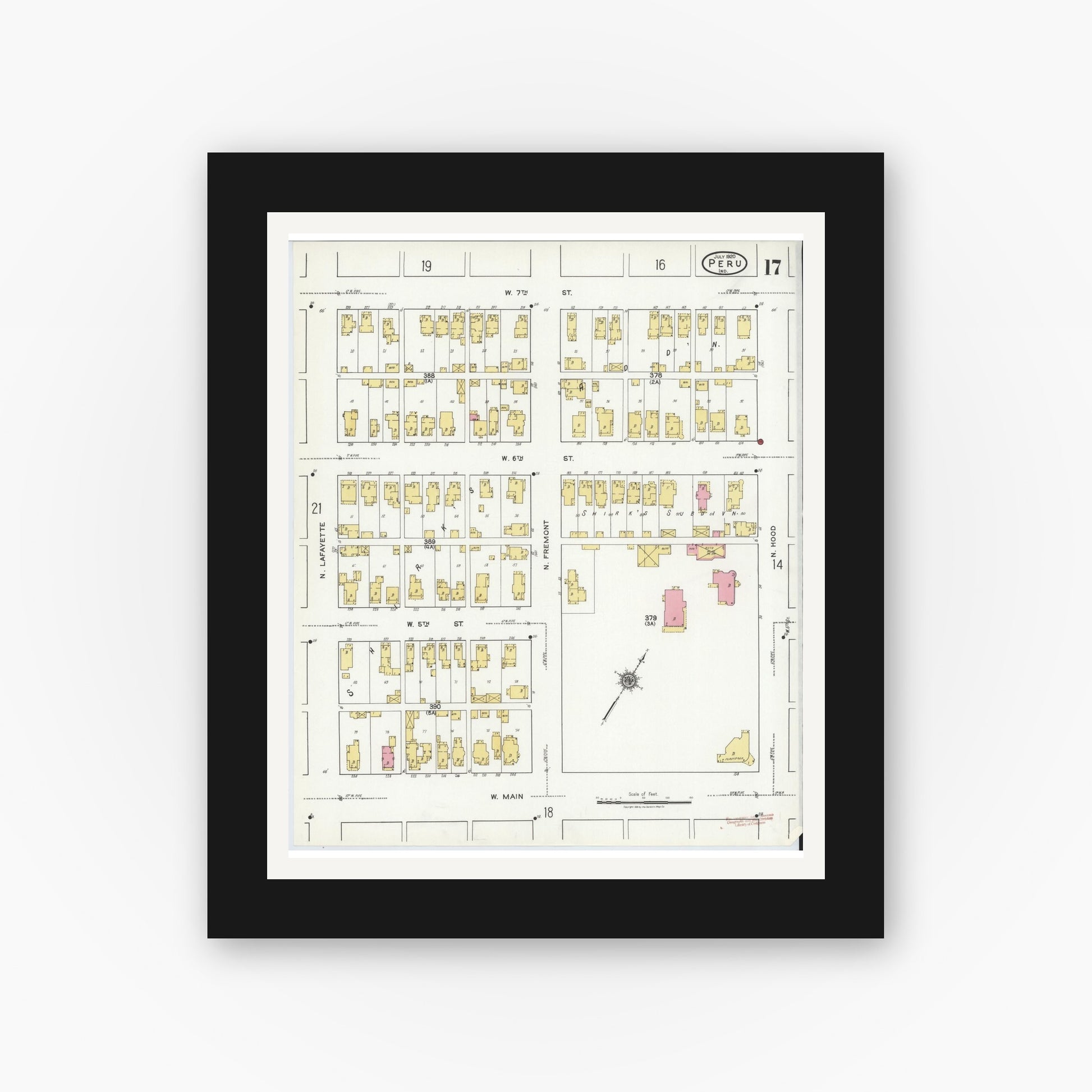 Old map wall art mockup — black gallery frame with white mat — Sanborn Fire Insurance Map from Peru, Miami County, Indiana (1920), Sheet #0017