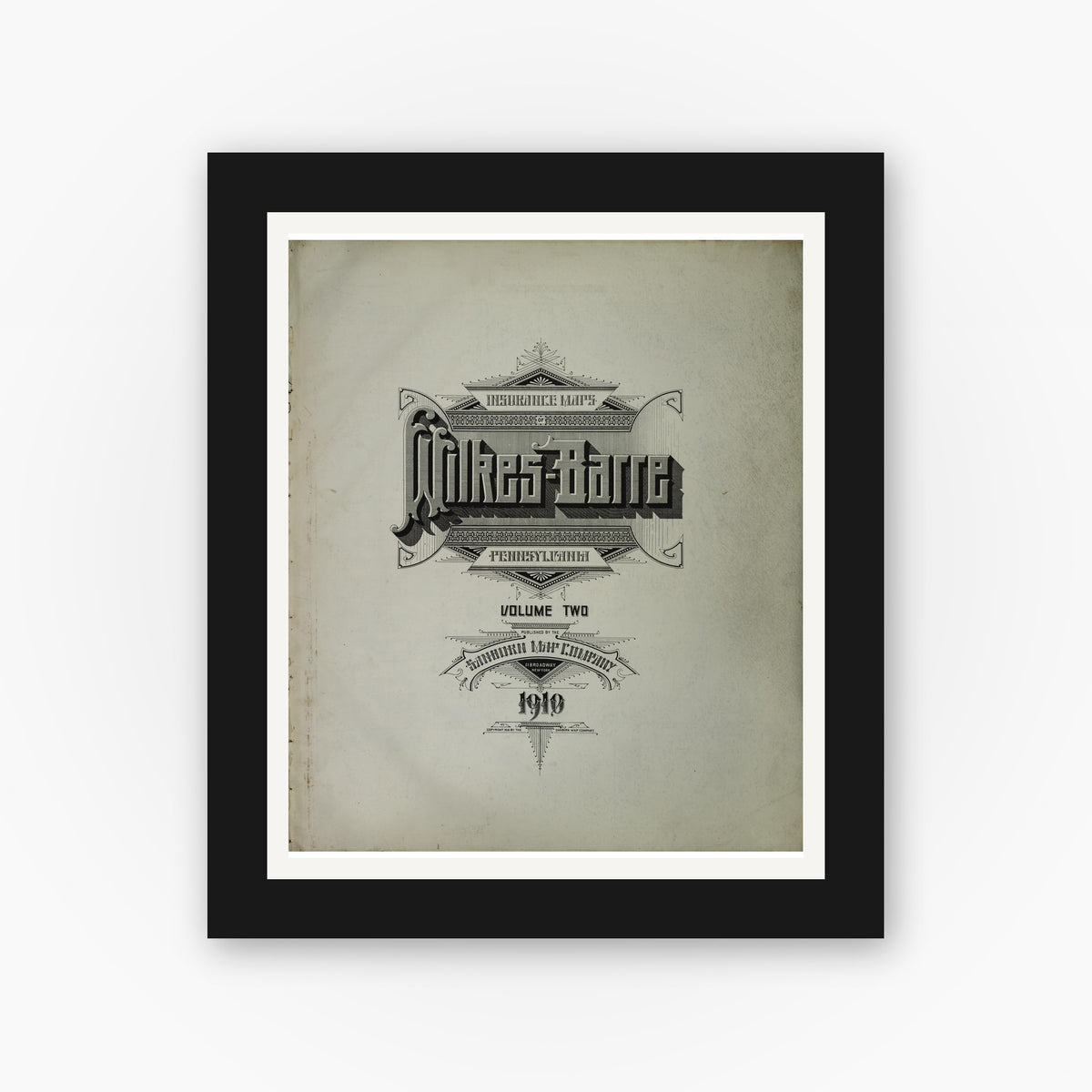 Old map wall art mockup — black gallery frame with white mat — Sanborn Fire Insurance Map from Wilkes Barre, Luzerne County, Pennsylvania (1910), Sheet #0001