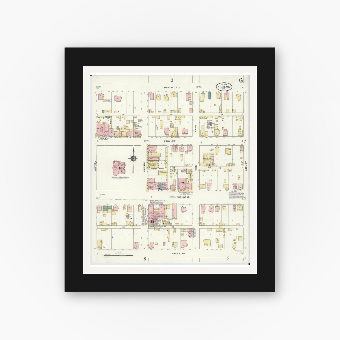Old map wall art mockup — black gallery frame with white mat — Sanborn Fire Insurance Map from Highland, Madison County, Illinois (1908), Sheet #0006