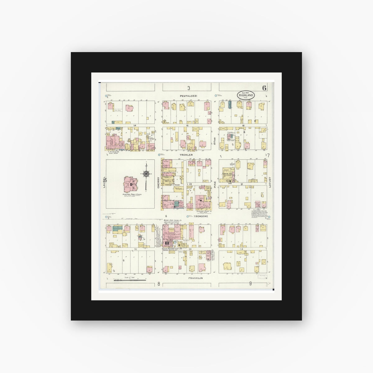 Old map wall art mockup — black gallery frame with white mat — Sanborn Fire Insurance Map from Highland, Madison County, Illinois (1908), Sheet #0006